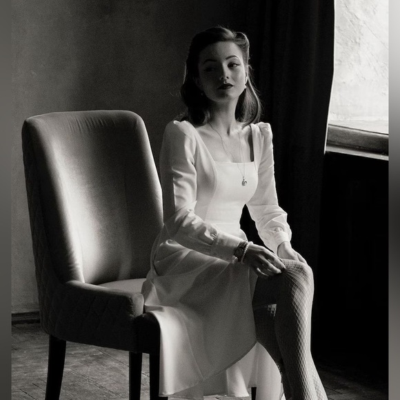 White Dress Square Neck Midi Dress Vintage Inspired Wedding Party Dress - Picture 4 of 14